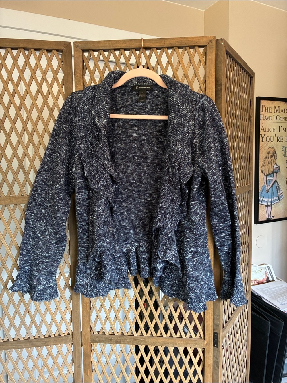 I.N.C. Navy w/Silver Metallic Marled Ruffle Open-Front Cardigan